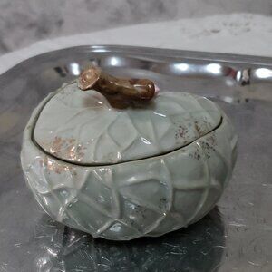Antique Green Asymetrical Trinket Box Light Green Gold Pink floral Accent